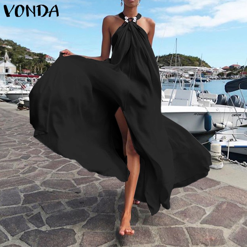 Đầm dài VONDA hở vai màu trơn phong cách Bohemian thời trang cho nữ