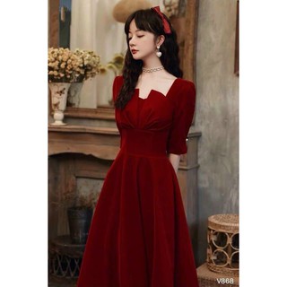 Đầm đỏ xoè dự tiệc xếp ly ngực tay lỡ sang chảnh ( kèm mút )