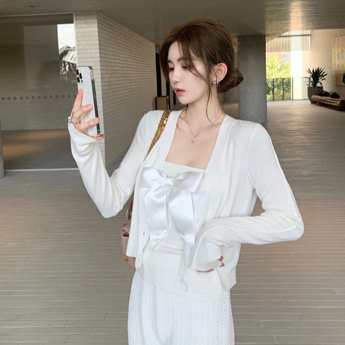 Set Áo Hai Dây Thắt Nơ + Áo Khoác Cardigan + Quần Dài Lưng Cao Ống Rộng Quyến Rũ Cho Nữ | BigBuy360 - bigbuy360.vn
