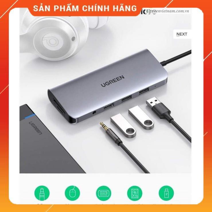 [CHÍNH HÃNG] Hub USB Type C tích hợp HDMI, VGA, 3.5mm, LAN, USB, Đọc Thẻ, Sạc USB C PD Ugreen 80133 bảo hành 18 tháng