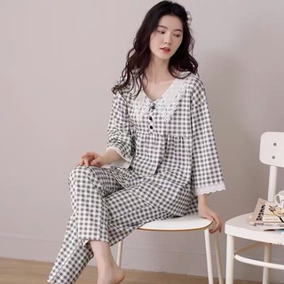 Bộ dài mặc nhà babydoll họa tiết kẻ caro