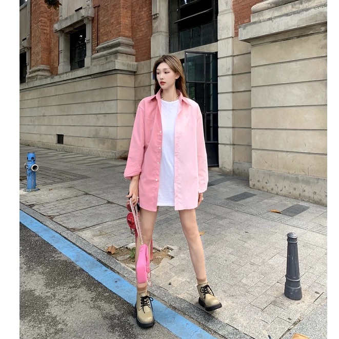 Áo Sơ Mi Chống Nắng Tay Dài Dáng Rộng Màu Tương Phản Thời Trang Hàn Quốc Cho Nữ