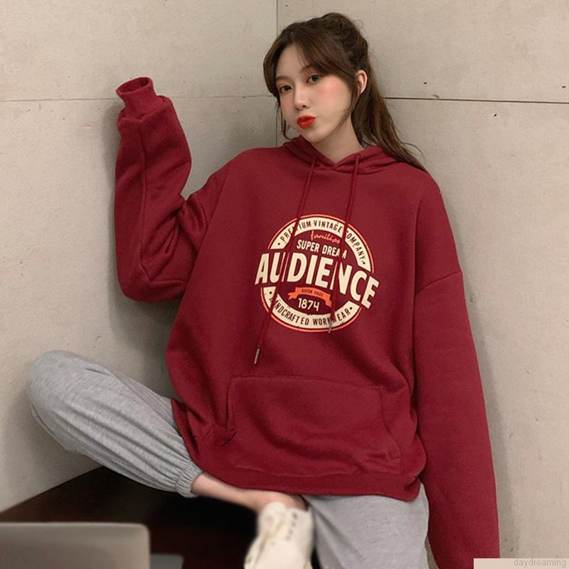 Áo hoodie tay dài dáng rộng có dây rút thời trang thu đông cho nữ