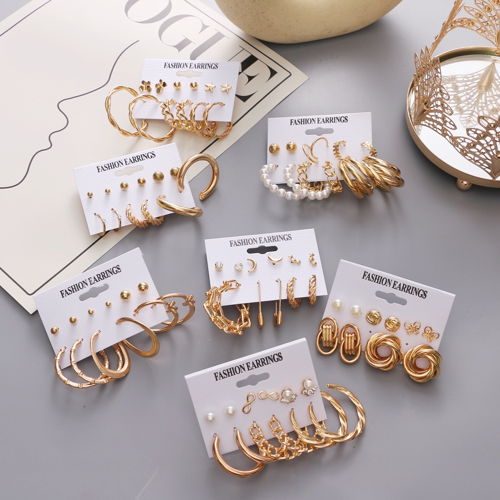 Set 6 Đôi Khuyên Tai Kim Loại Đính Ngọc Trai Giả Thời Trang Thanh Lịch Cho Nữ