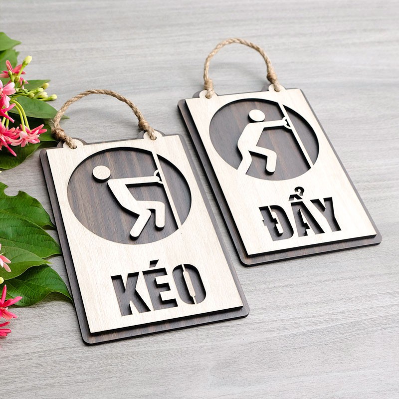 Bảng Kéo Đẩy Pull Push Decor Vintage Bằng Gỗ Dán Cửa Cao Cấp, Bảng Chỉ Dẫn Gỗ Treo Cửa 2 Lớp Cắt Laser Gỗ Cao Cấp