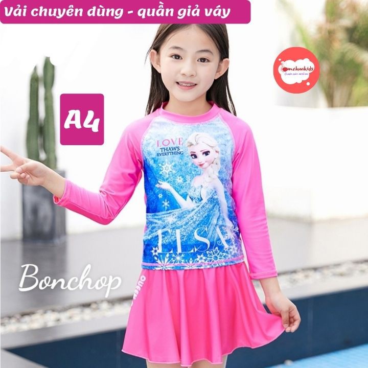 Đồ bơi bé gái tay dài hình Elsa - Pony từ 10-39kg -quần giả váy tạo kín đáo- Tomchuakids