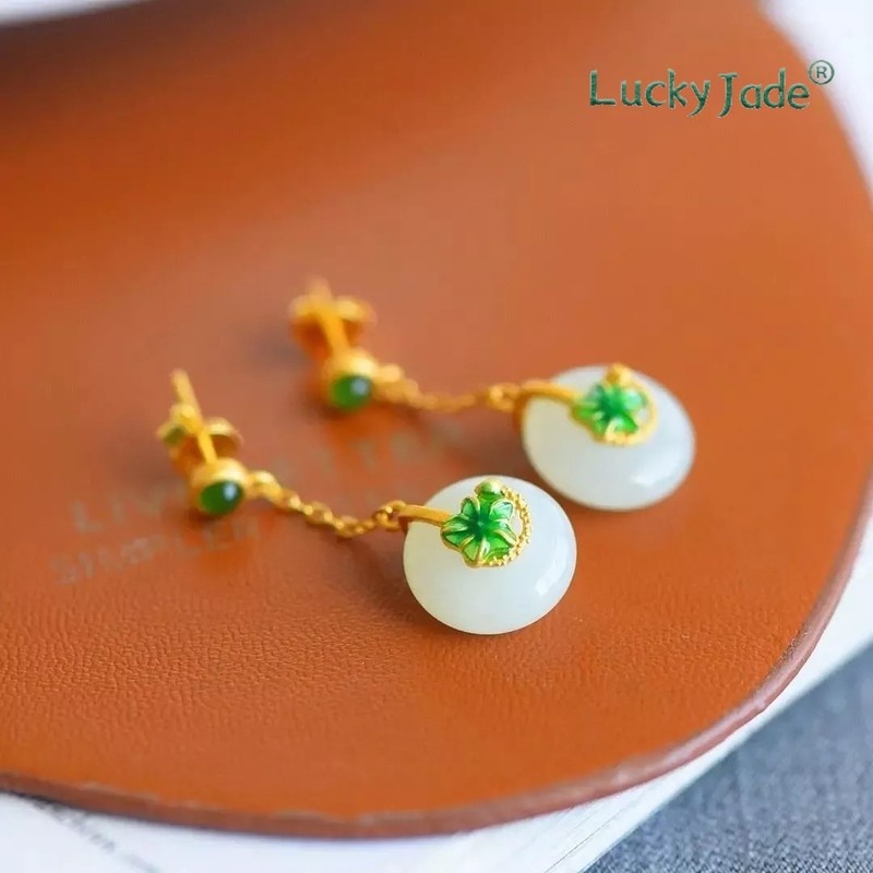 Bông Tai Mạ Bạc 925 Hình Lá Sen Đính Ngọc Bích Trắng Phong Cách Trung Hoa Cổ Điển