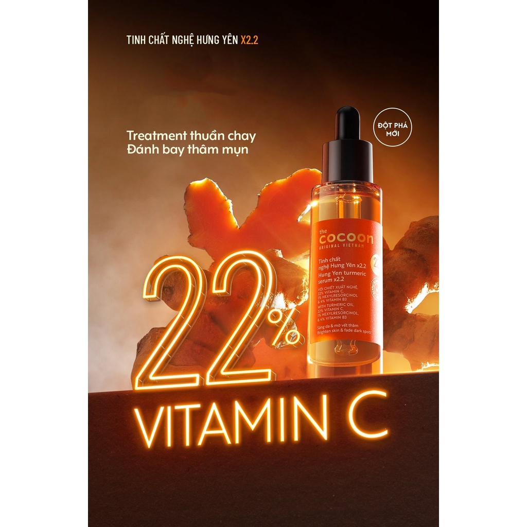 Tinh chất nghệ Hưng Yên C22 Cocoon (serum) 22% vitamin C sáng da, mờ thâm Thuần chay 30ml