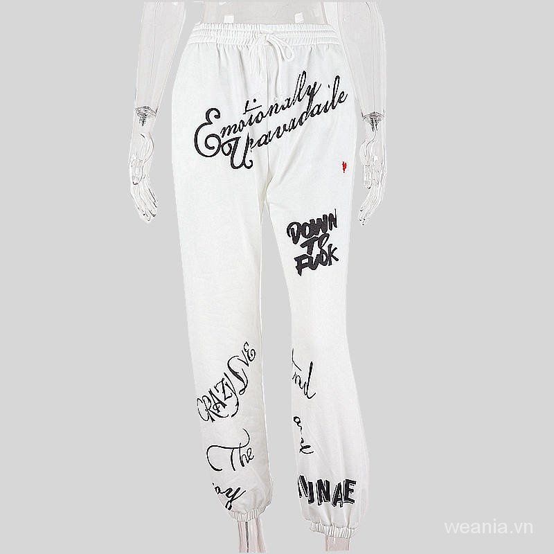 Quần dài lưng cao phối dây rút in chữ cá tính cho nữ