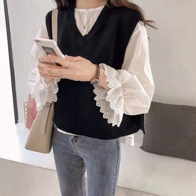 2hand áo phối gile đen