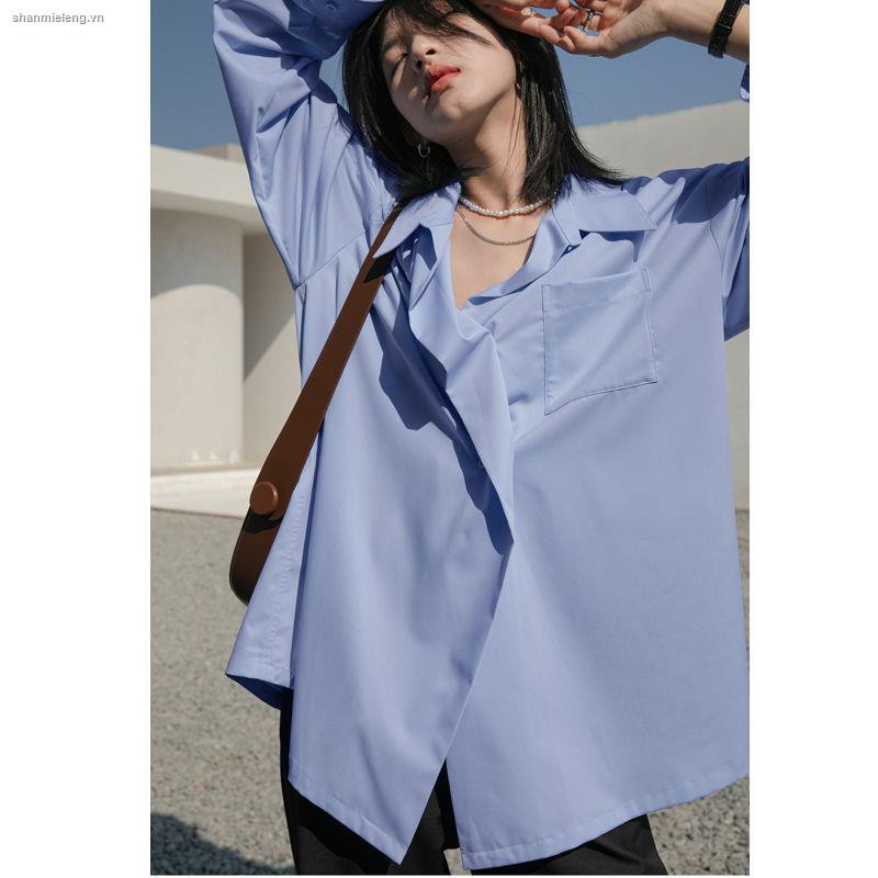 Áo Sơ Mi Dáng Rộng Màu Trắng / Xanh Dương Phong Cách Cổ Điển Thời Trang Mùa Hè Mới Dành Cho Bạn Nữ 2021