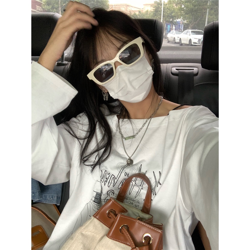 Ethelgirl Áo Thun Tay Dài Trễ Vai Họa Tiết Độc Đáo Phong Cách Cổ Điển Thời Trang Hàn Quốc Cho Nữ