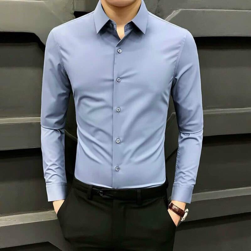 áo sơ mi xanh trơn cổ bẻ