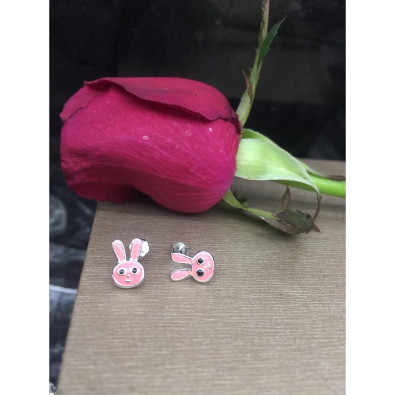 Khuyên tai tròn  thỏ hồng  xanh đính hoa 5 cánh siêu đẹp đk 8-9mm nhỏ trẻ em