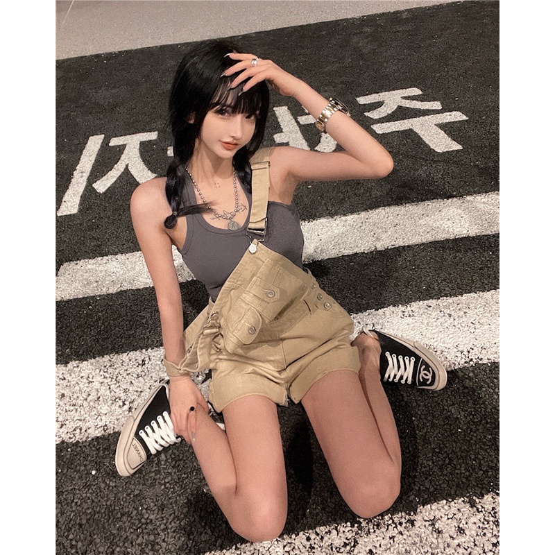 Quần Yếm denim Ngắn Ống Rộng Lưng Cao Thời Trang Mùa Hè Cho Nữ