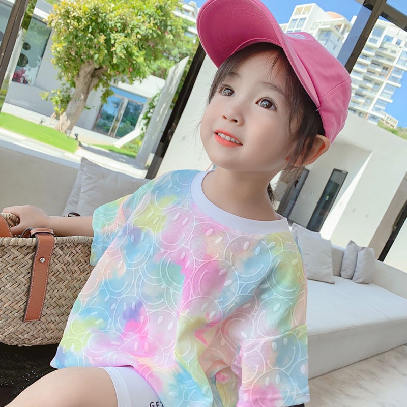 Áo Thun Rộng In Hình Mặt Cười Mùa Hè Mới Cho Bé Gái 3-8 Tuổi