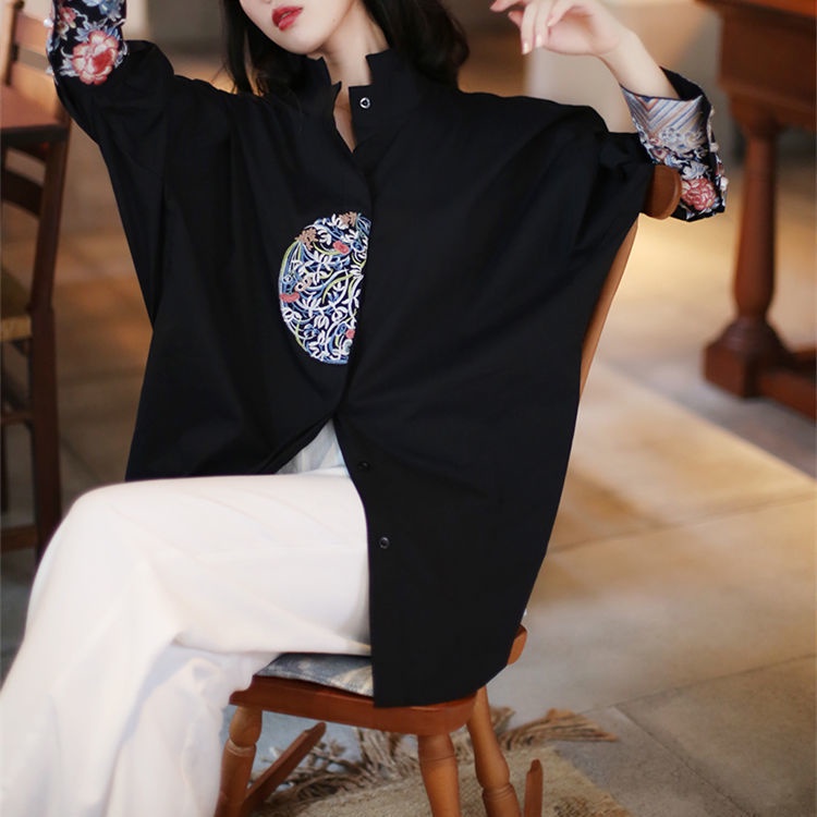 Áo sơ mi cổ đứng dáng rộng dài che bụng thêu họa tiết phong cách Trung Quốc cổ điển cho nữ 2022 LMQS