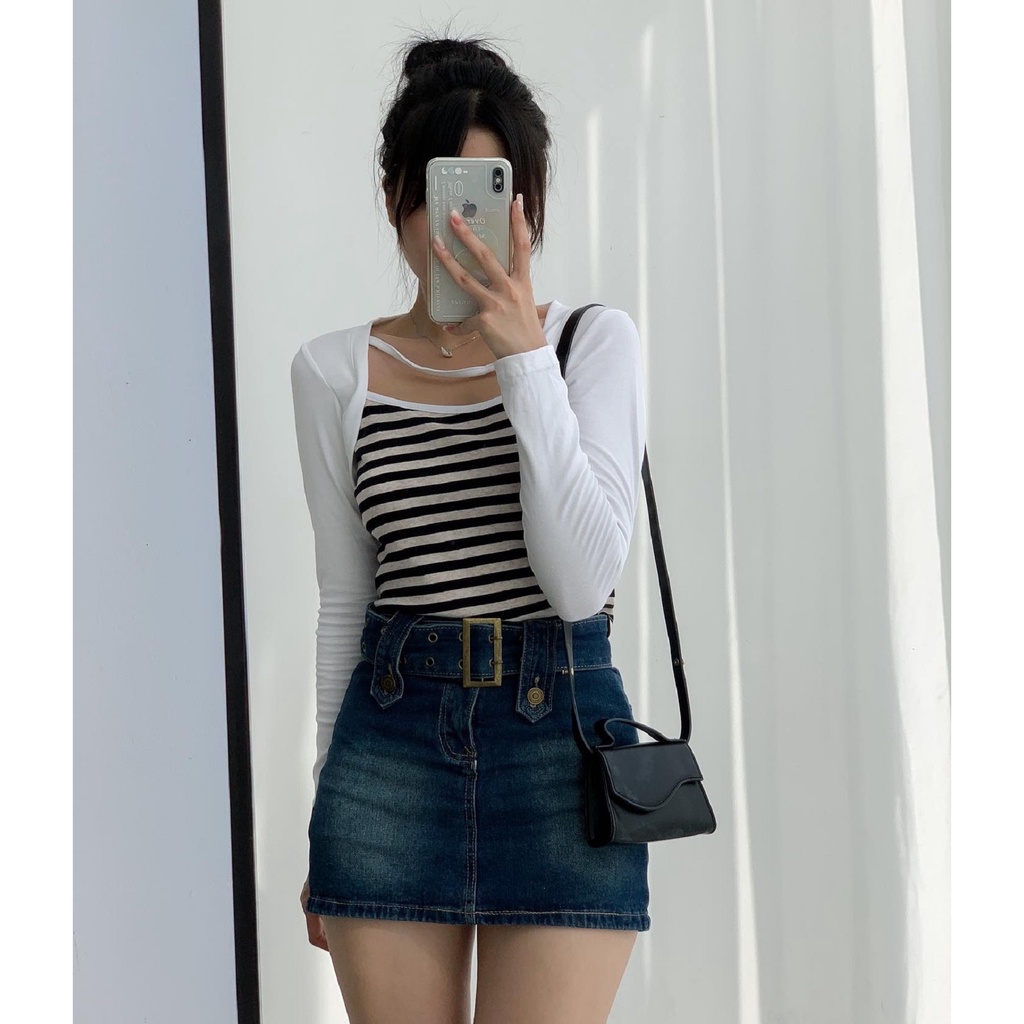 Áo thun croptop vạt trước kẻ ngang dây cổ tay pha màu A2443 SUSTORE