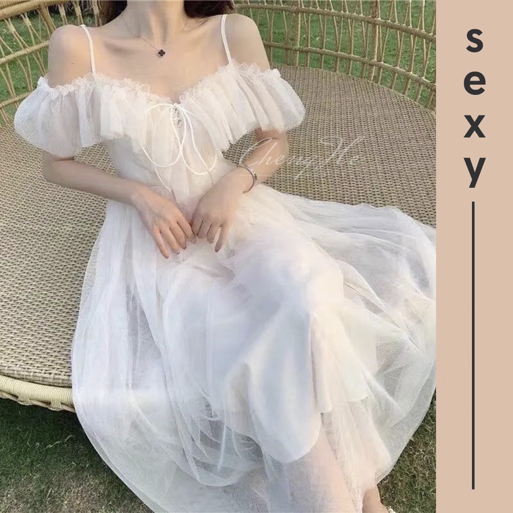 Váy / Đầm voan xòe đi biển hở vai dễ thương chic hai dây bồng bềnh phong cách hàn quốc V00006