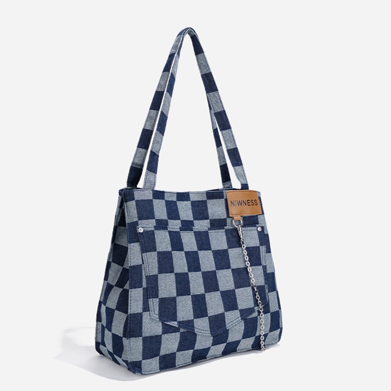 Túi xách đeo vai IELGY sức chứa lớn vải canvas họa tiết ca rô màu xanh dương