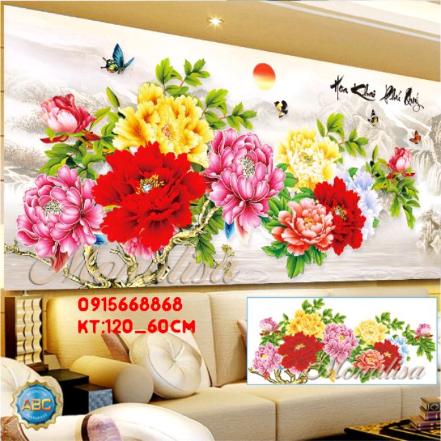 Tranh đính đá hoa mẫu đơn tuyệt đẹp kt 120-60cm