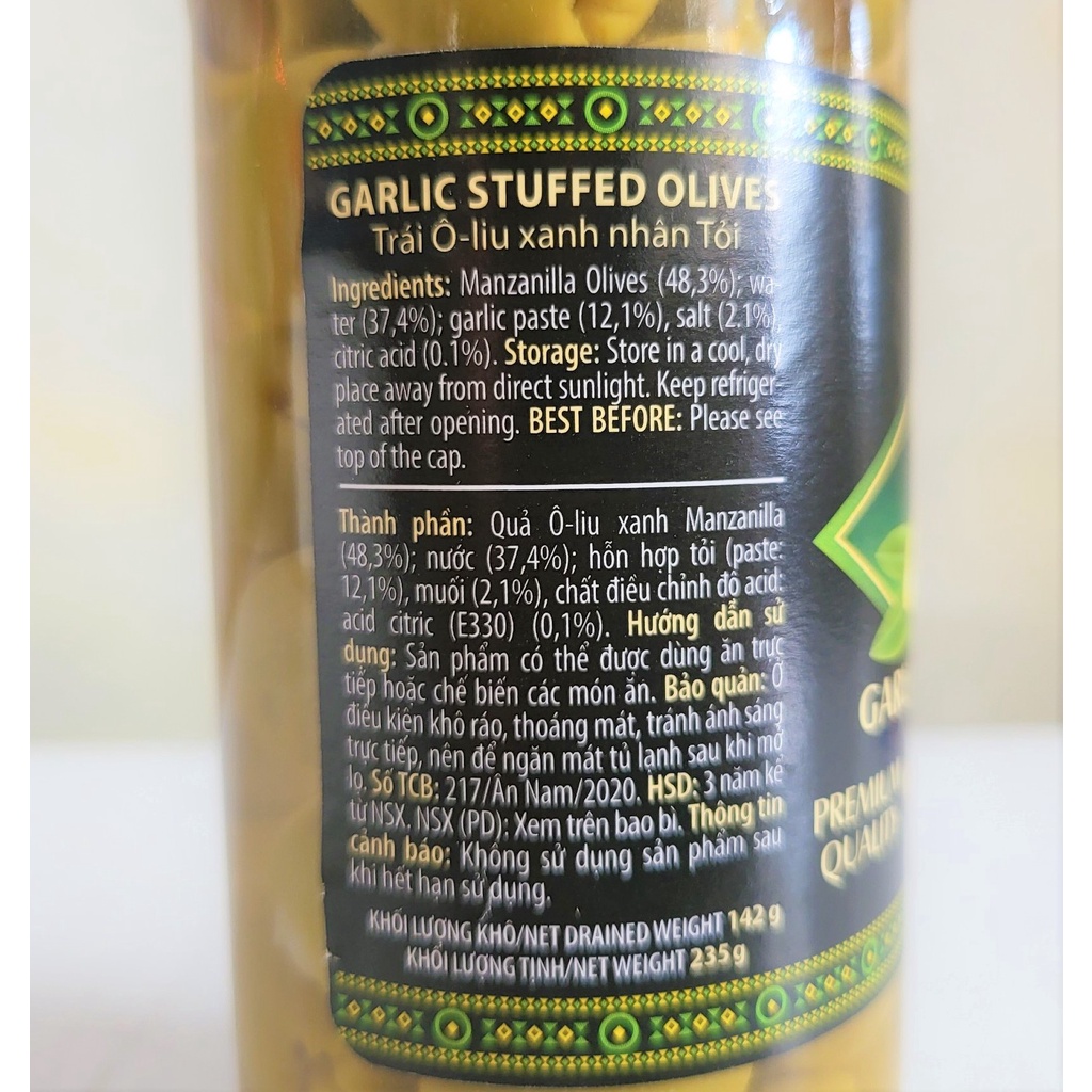 [Lọ 235g – NHÂN TỎI] TRÁI Ô LIU XANH [Spain] LATINO BELLA Garlic Stuffed Manzanilla Olives (anm-hk)