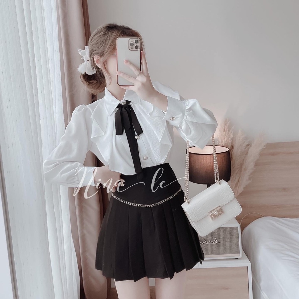 ÁO SƠ MI cổ NƠ LỤA phối bèo tay bồng dáng thụng tiểu thư sang chảnh công sỏ