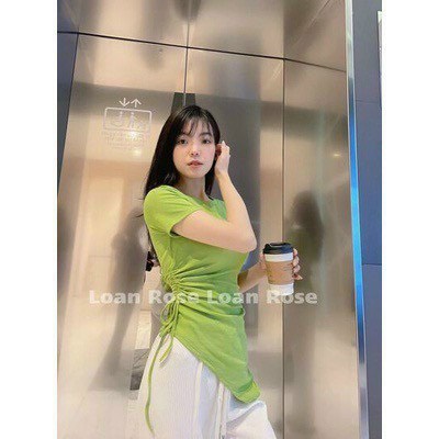 Áo kiểu tay ngắn body nhọn tà nhúm rút dây 1 bên cực xinh , chất thun gân mềm mịn