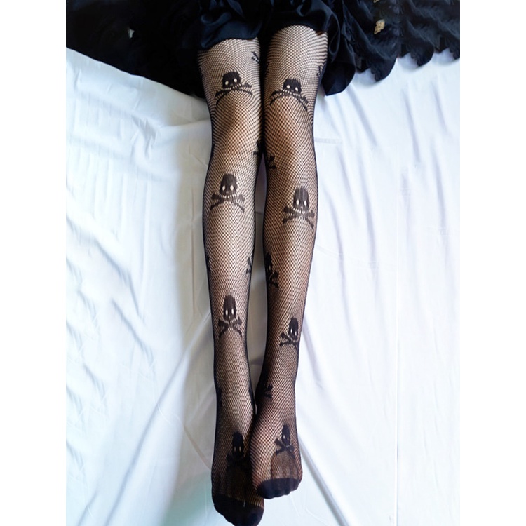 Sexy Mesh Tights Skull with Print Fishnets Erotic Anime Stockings Women Nylon Transparent High-Waisted Net Female Long Pantyhose
