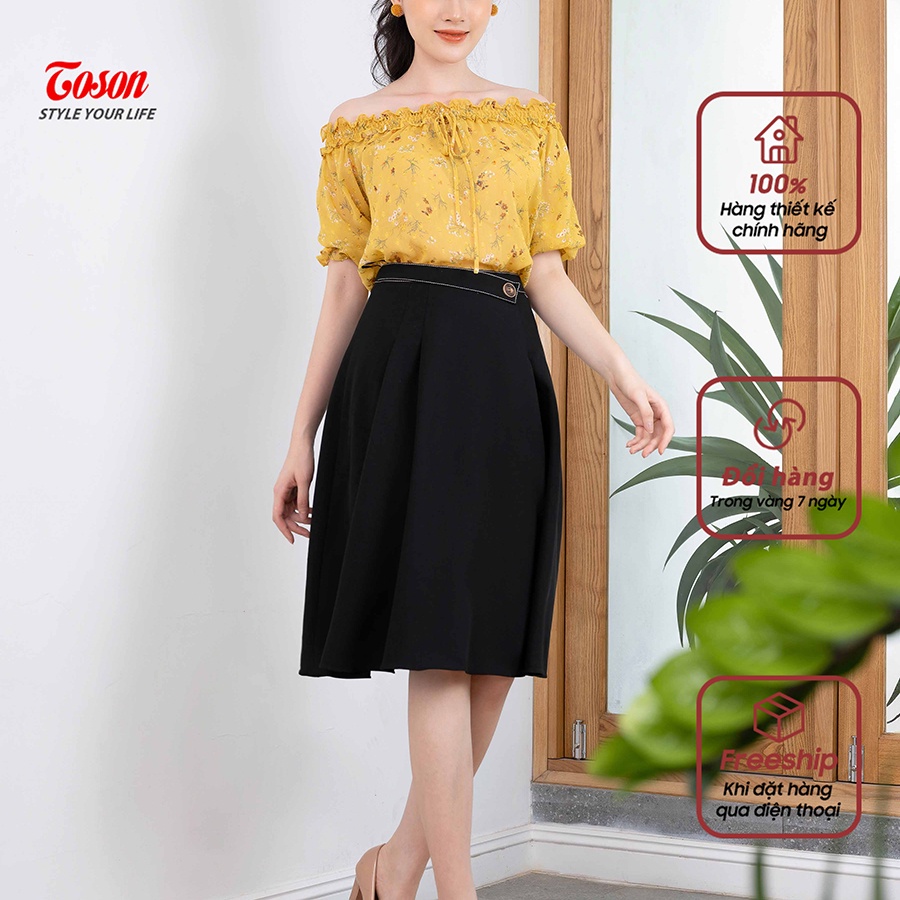 Áo sơ mi chiffon vàng in hoa nhí, vai trễ bo chun - 14087V51- TOSON