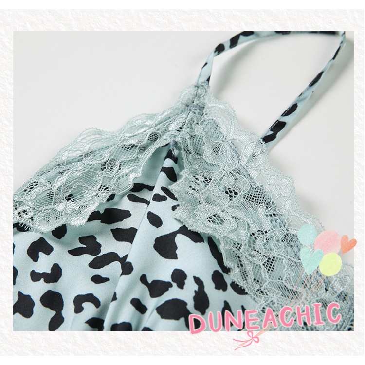 Đầm Ngủ Hai Dây Vải Satin Phối Ren Họa Tiết Da Báo Kèm Áo Choàng Cardigan Dành Cho Nữ