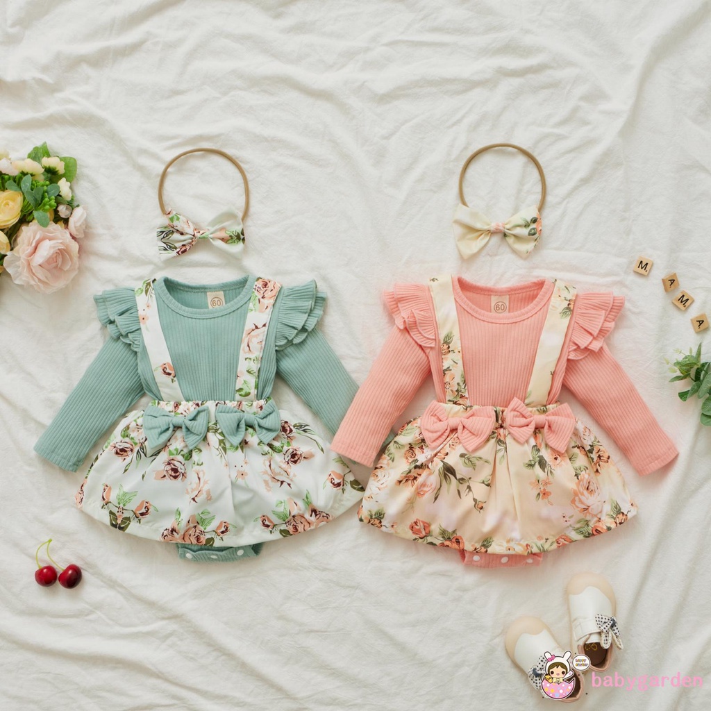 Set Áo liền quần cổ tròn tay dài in hoa và Băng đô thời trang mùa hè dành cho bé gái 0-24 tháng tuổi