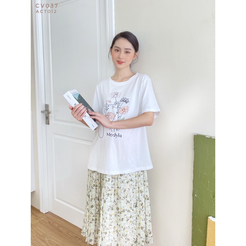 MEDYLA - Áo phông thun cotton cho bầu thoải mái mặc trong và sau sinh mặc kèm chân váy hoa xếp ly - ACT012