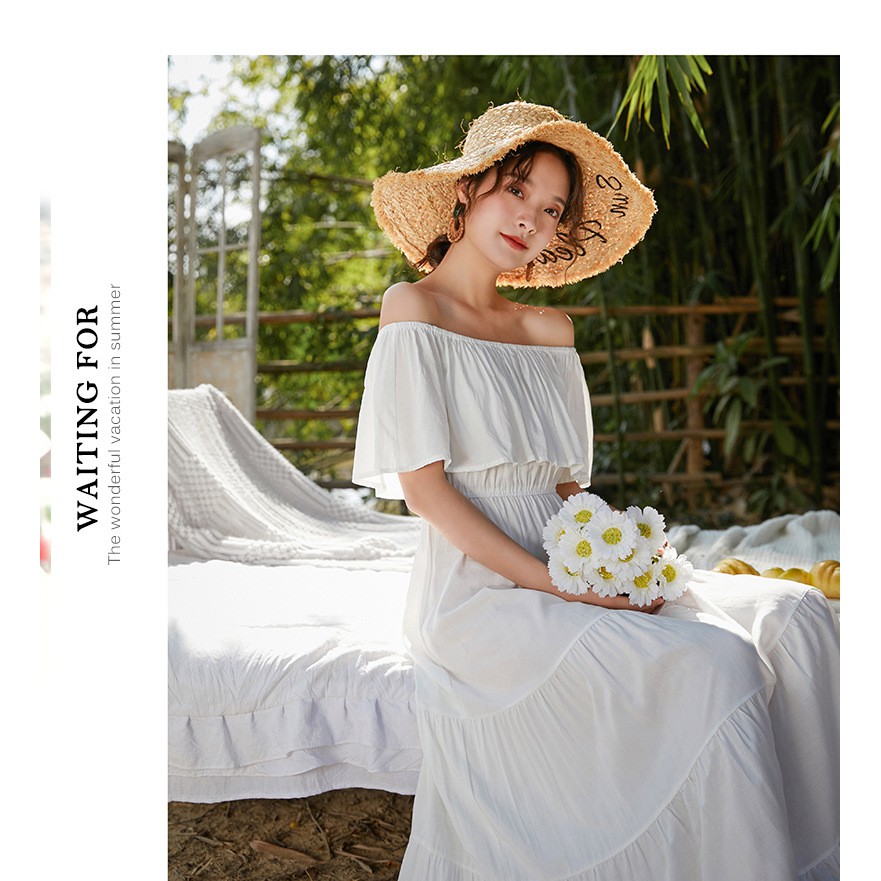 Váy maxi trễ vai đi biển 3 tầng