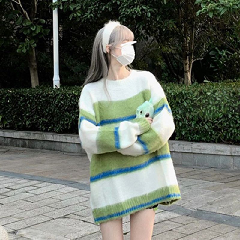 Áo Len Form Rộng Họa Tiết Kẻ Sọc Màu Sắc Tương Phản Phong Cách Preppy Thời Trang Mùa Thu