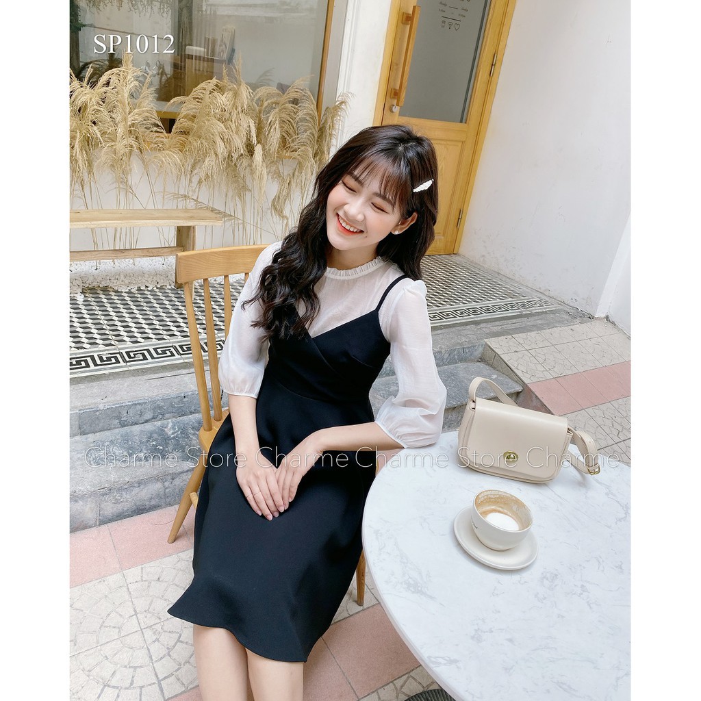 Váy nữ 💖CHARME 💖Váy yếm nữ Heran kết hợp áo tay lỡ màu trắng  ྇