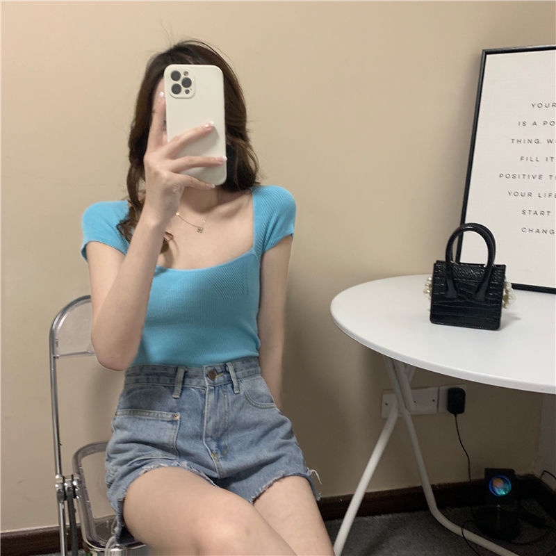 COZOK Áo Thun Dệt Kim Tay Ngắn Dáng Ôm Thời Trang