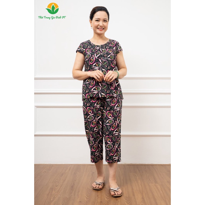 Bộ lanh mặc nhà trung niên quần lửng áo cộc tay B06.2201 - Thời Trang Gia Đình VT