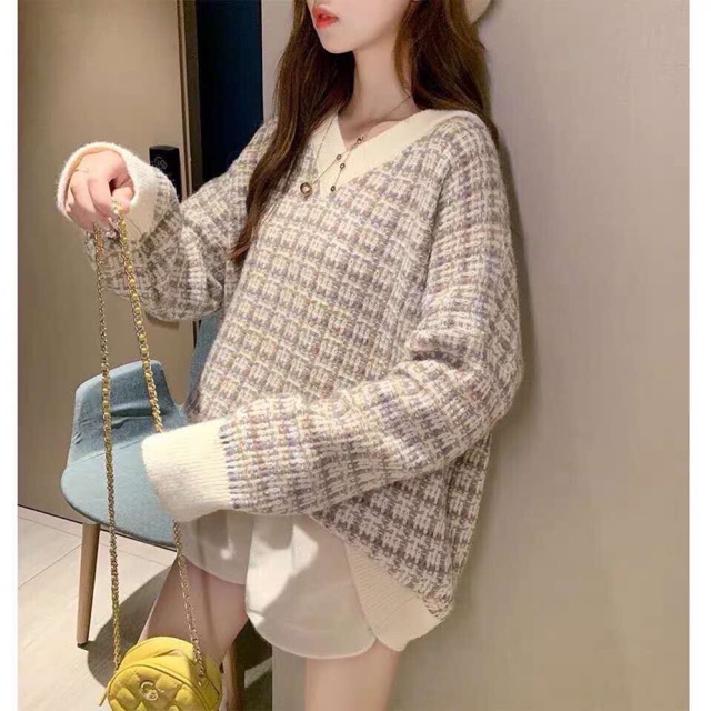 Áo len dệt kim tuyến cổ tim về 3 màu chuẩn hình