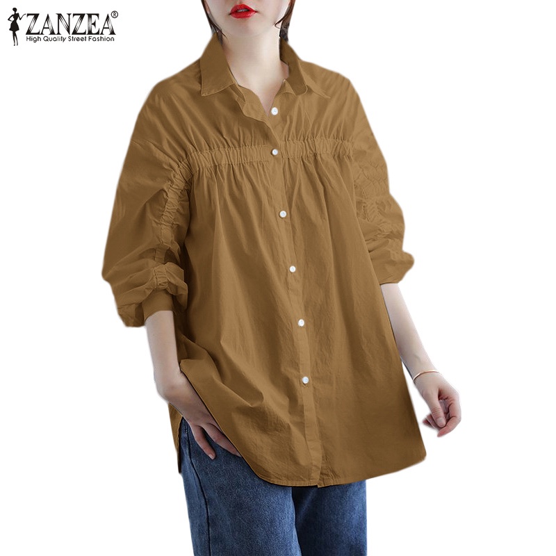 Áo sơ mi ZANZEA tay dài màu trơn thời trang Hàn Quốc nữ tính