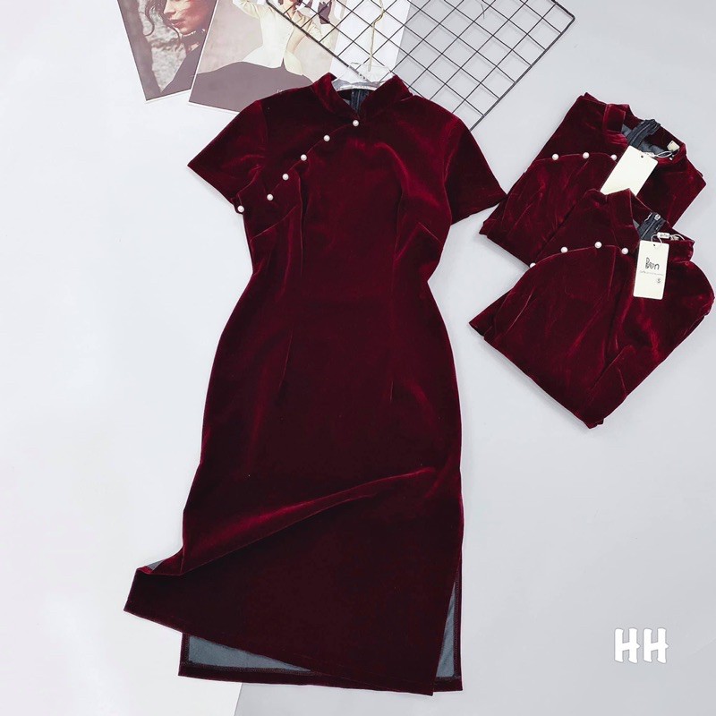 Sườn xám cách tân nhung đính hạt trai m92