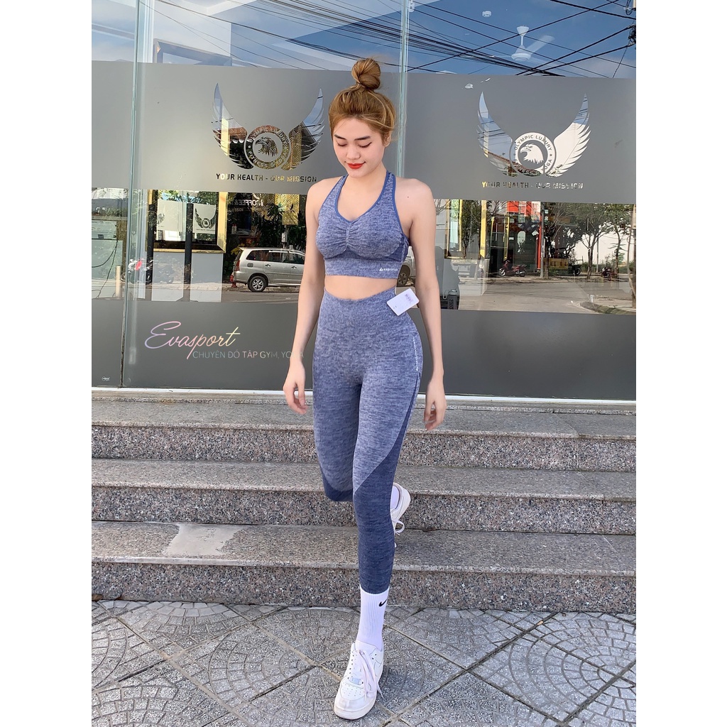 Set Đồ Tập Gym Yoga Aerobic Dệt Kim NAQIYABEI 2 Món Áo Bra Quần Legging Dài Chun Mông Sexy