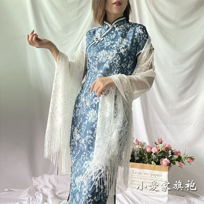Đầm Sườn Xám Vải Lụa Mỏng Phối Ren Tua Rua Hình Chữ Nhật Chống Nắng Thời Trang Mùa Hè Cho Nữ