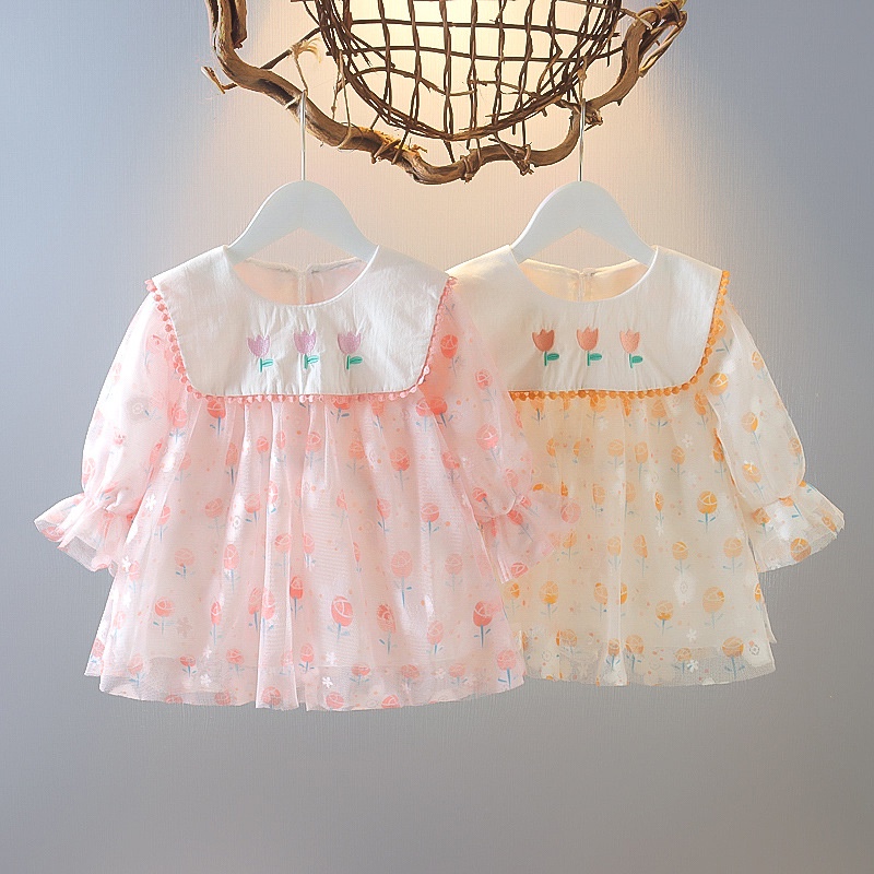 [Yumi's House] Đầm dài tay ren hoa hồng cổ vuông cho bé gái hàng Quảng Châu cao cấp