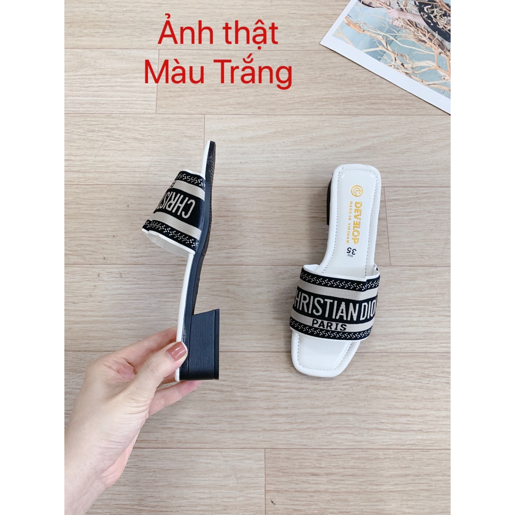 Dép lê nữ gót 3 phân lót bóng quai chữ thêu