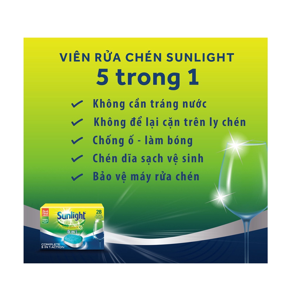 [Hoả Tốc] Viên Rửa Chén Bát Sunlight 5 Trong 1 Dành Cho Máy Rửa Chén 1 hộp 28 viên x 17,5G