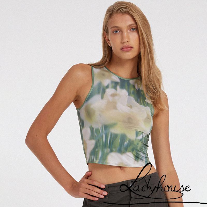 Áo Croptop Không Tay Cổ Tròn In Họa Tiết Hoa Đơn Giản Dành Cho Nữ