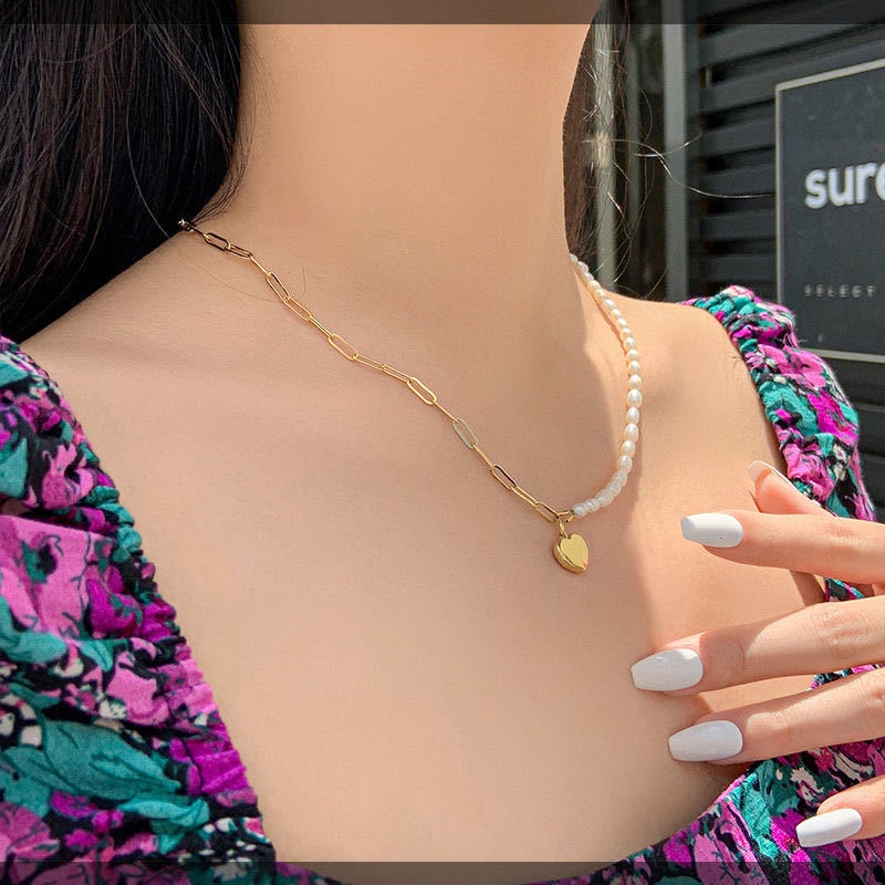 Vòng cổ mặt trái tim xỏ hạt ngọc trai giả thời trang sang trọng cho nữ