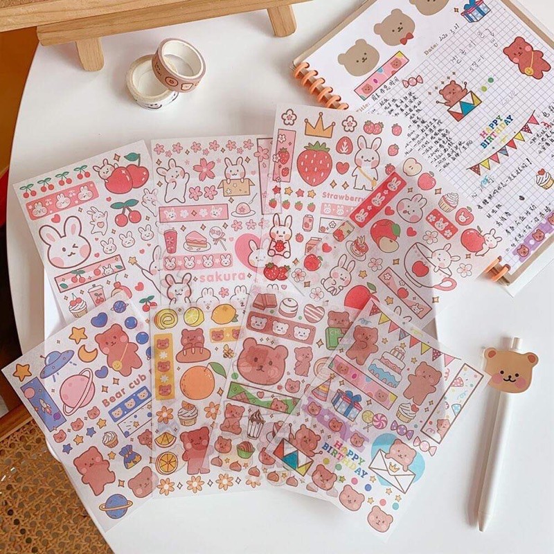🐻Sticker 4 tam dán hình Thỏ hồng, Gấu nâu