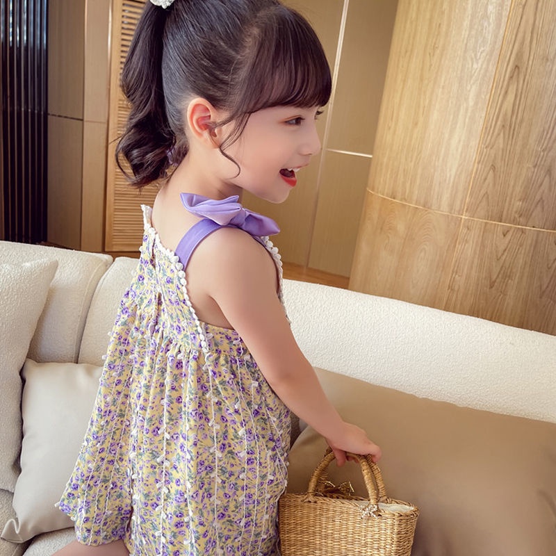 Đầm Hoa Hai Dây Đính Nơ Phong Cách Phương Tây Thời Trang Mùa Hè Hàng Mới Dành Cho Bé Gái